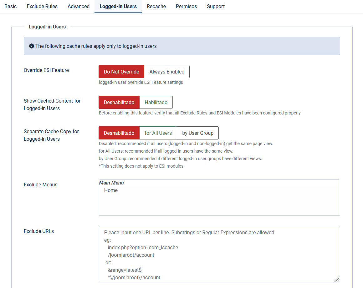 Configurar los ajustes de usuarios logueados de LiteSpeed Cache Joomla