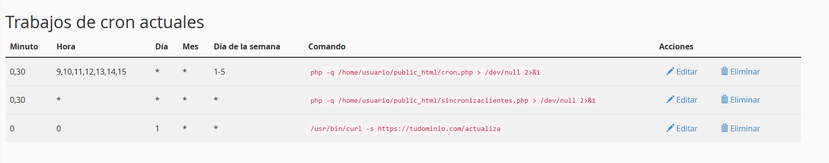 Ver, modificar o eliminar tareas cron en cPanel