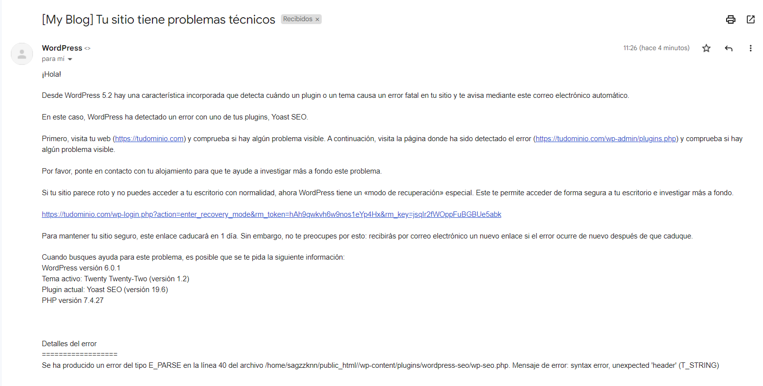 Ejemplo de un email para iniciar el modo recuperación de WordPress