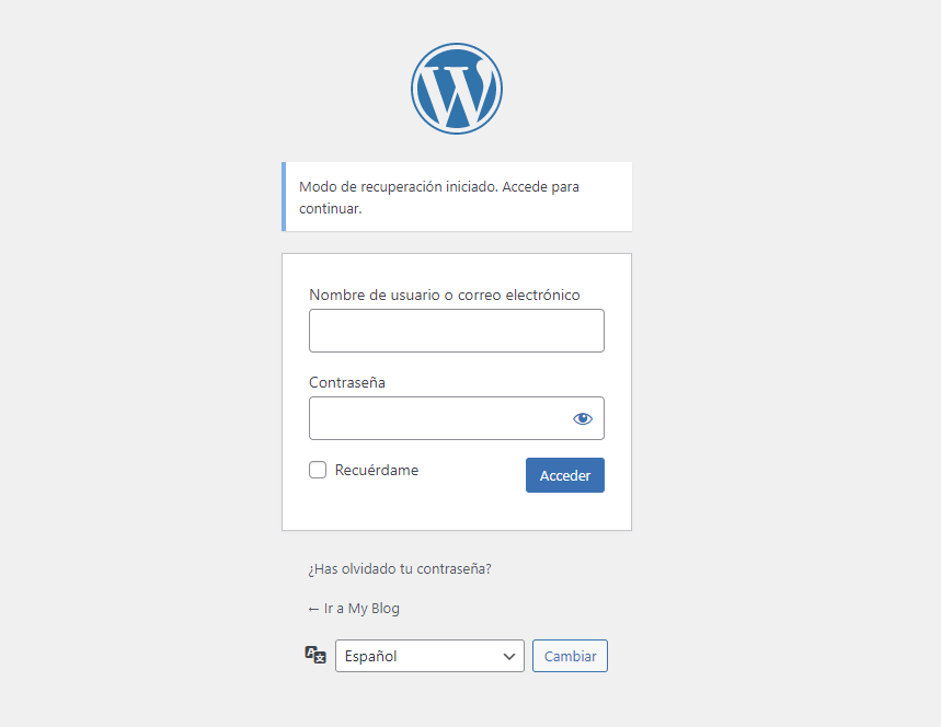 Pantalla de login para acceder al modo recuperación de WordPress