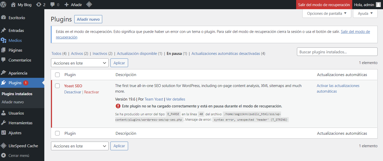 Plugins en pausa Modo recuperación de WordPress