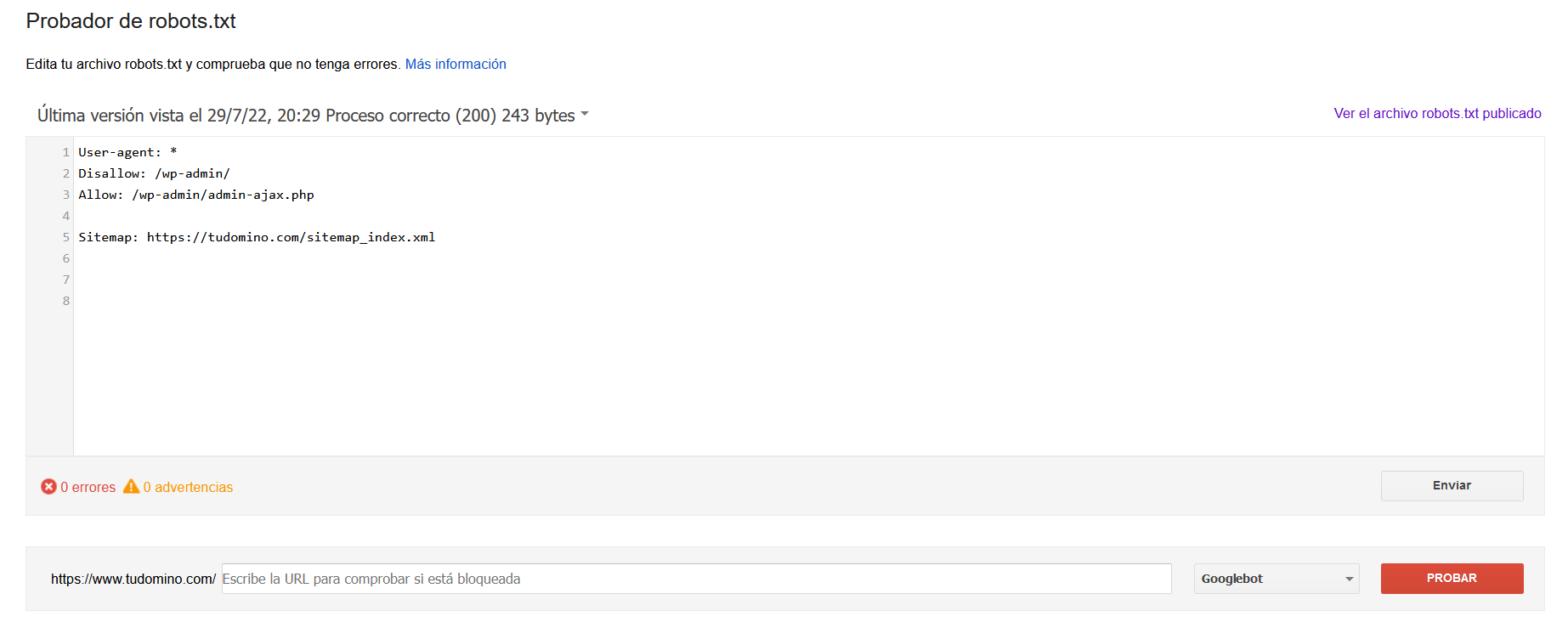 Probador del archivo robots.txt de Search Console