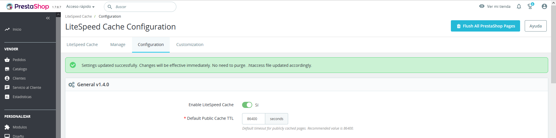 Activar LiteSpeed Cache en PrestaShop