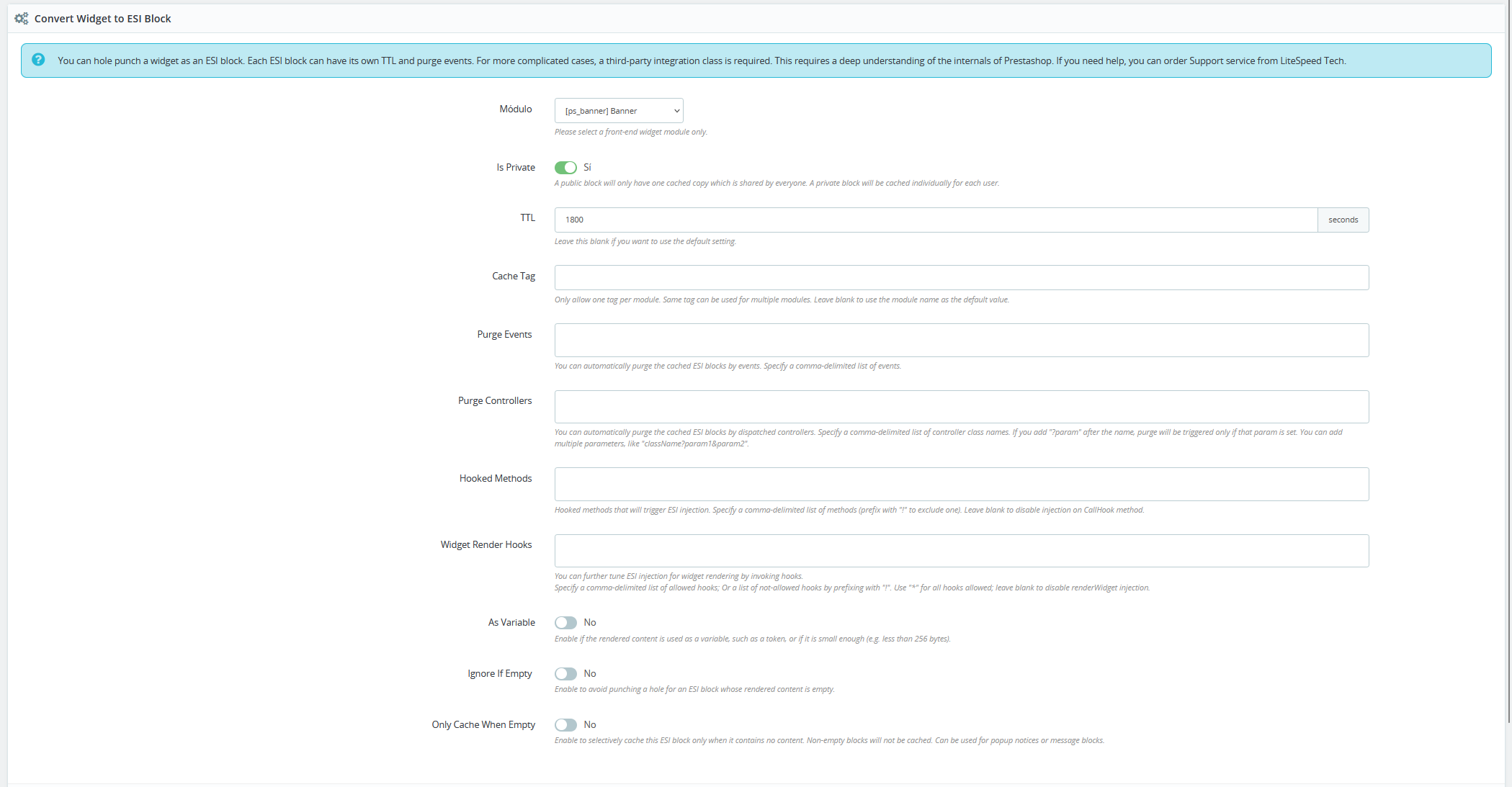 Configuración bloque ESI en PrestaShop