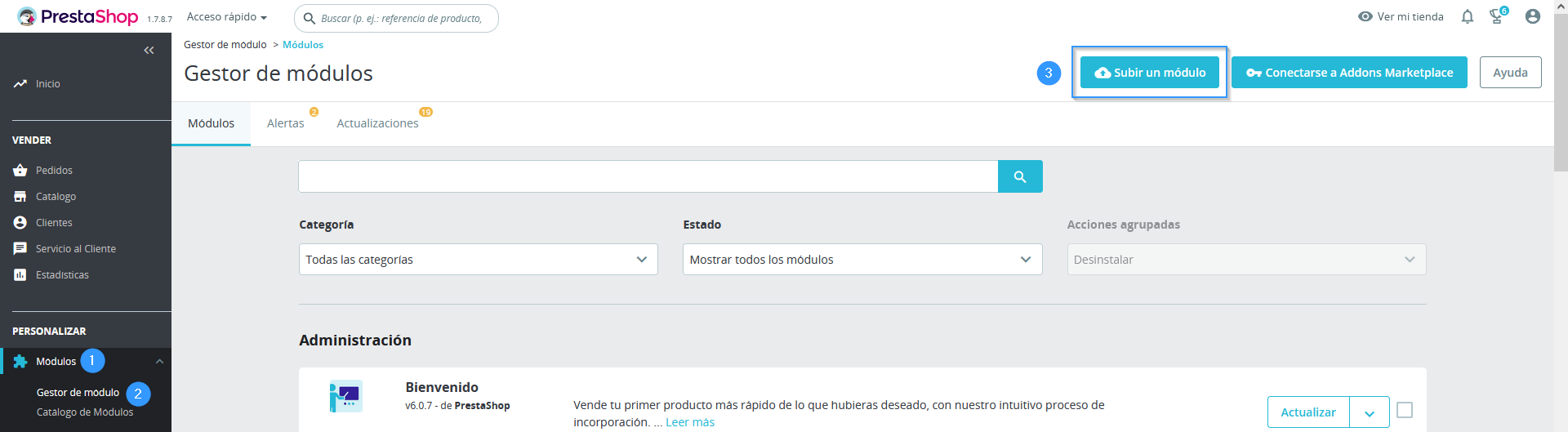 Gestor de módulos de PrestaShop