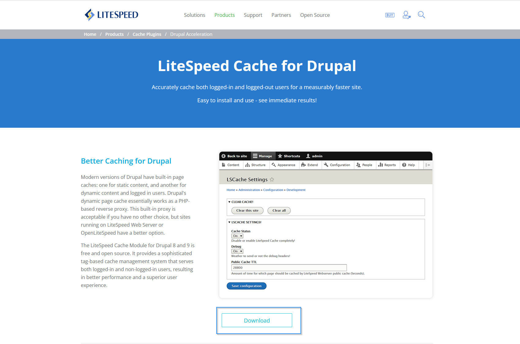 Descargar el módulo de LiteSpeed Cache para Drupal