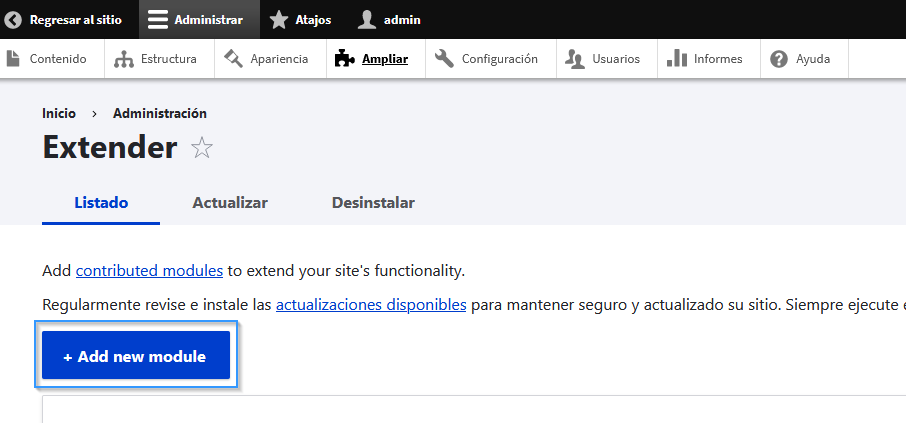 Botón "añadir módulo" de Drupal