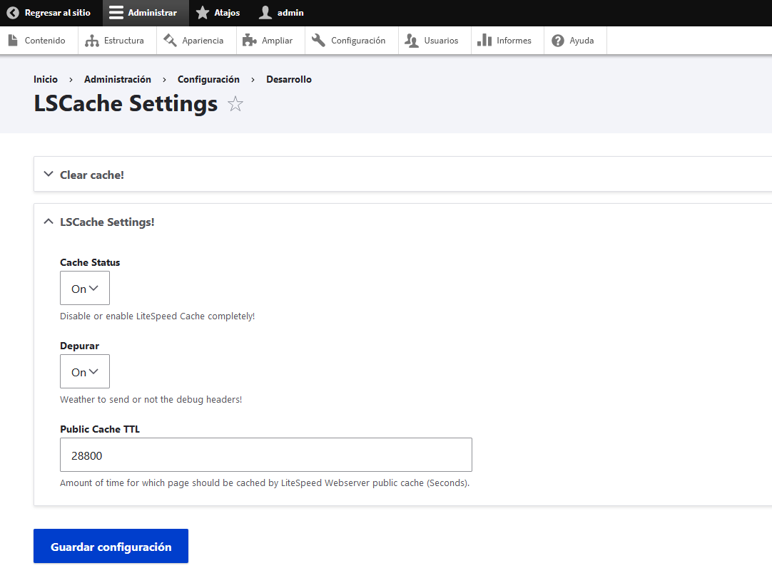 Configurar los parámetros de LiteSpeed Cache para Drupal
