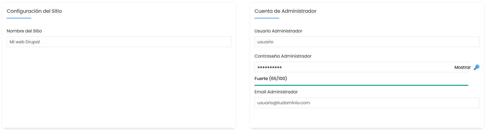Configuración de sitio y cuenta de administrador de Drupal