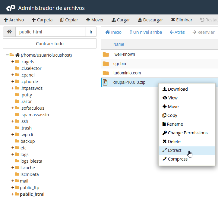 Descomprimir los ficheros de Drupal con el Administrador de archivos de cPanel