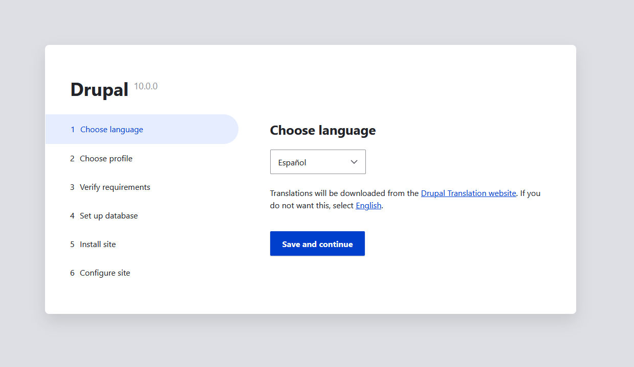 Seleccionar idioma en el instalador de Drupal