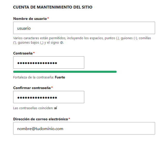 Añadir la información del administrador en el Instalador de Drupal