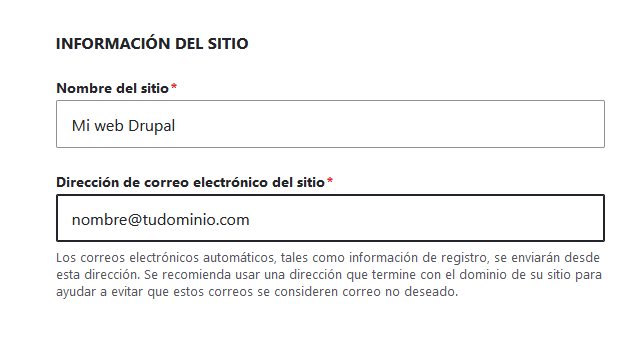 Establecer la información del sitio en el instalador de Drupal. 