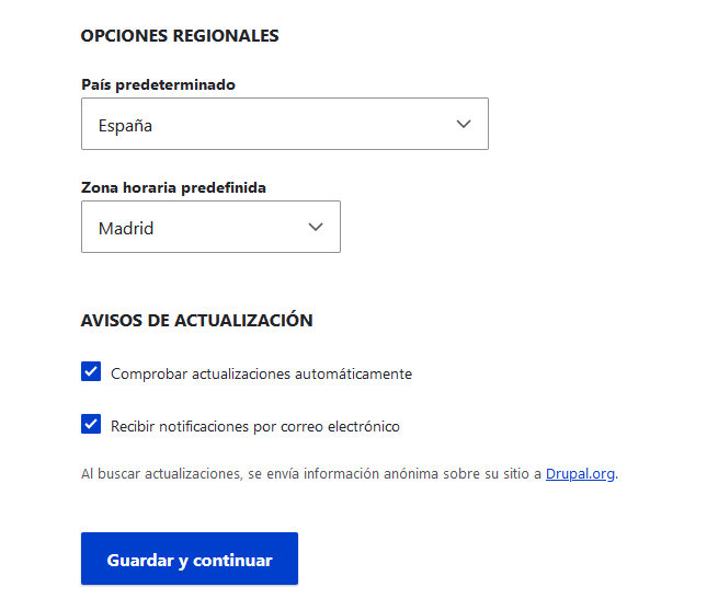 Establecer las opciones generales en el instalador de Drupal