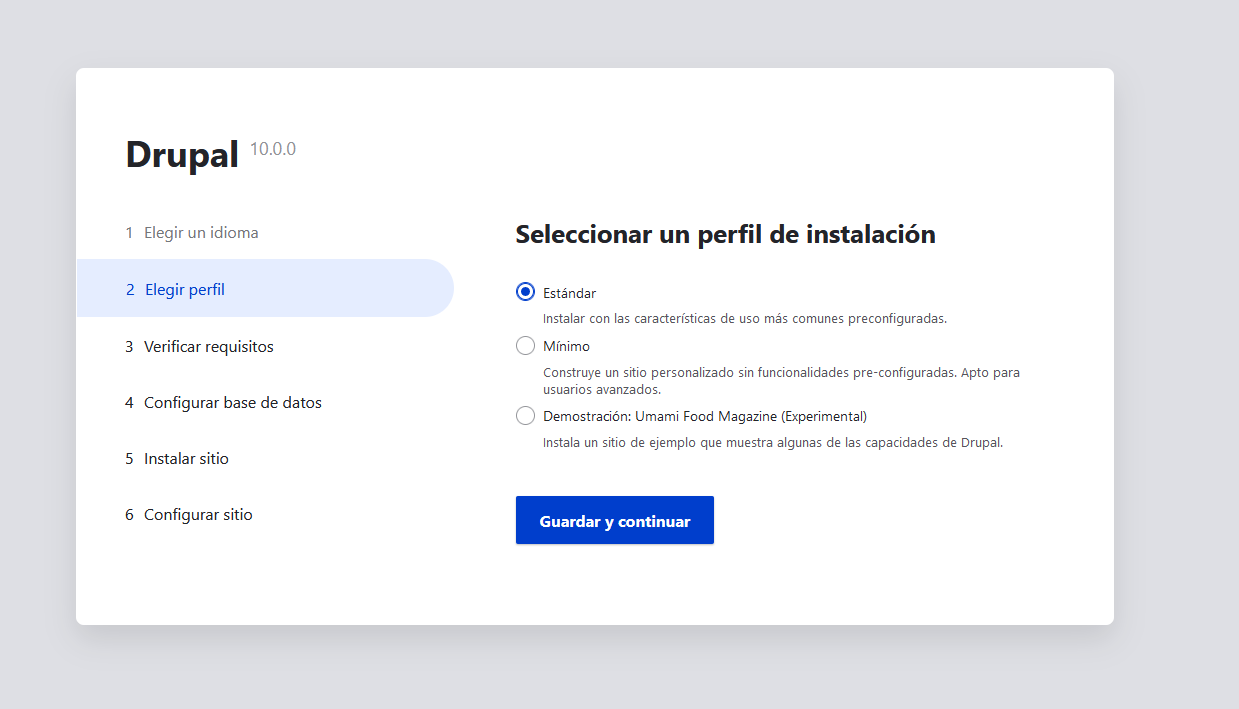 Elegir el perfil de instalación en el instalador de Drupal