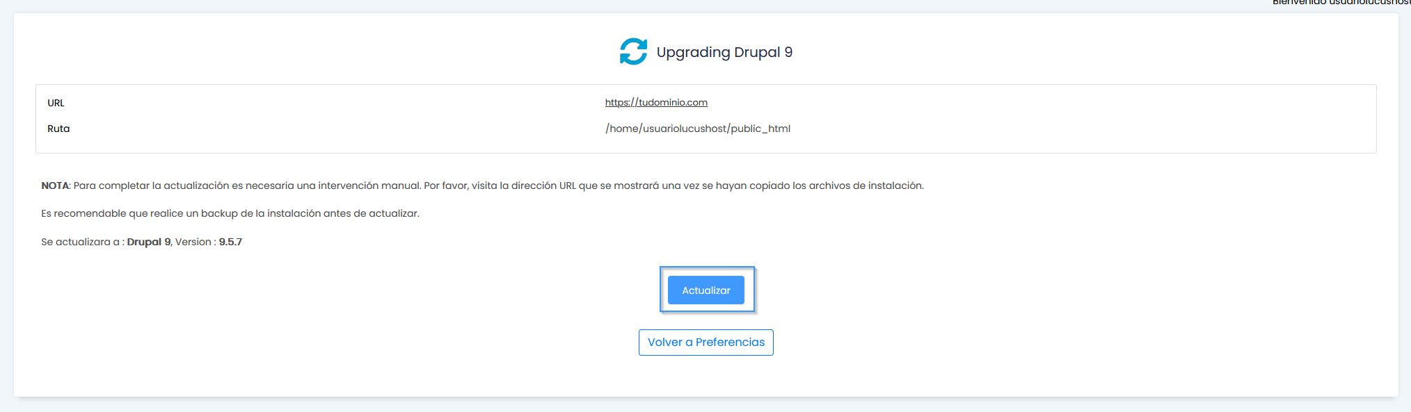 Ejecutar la actualización de Drupal con Softaculous