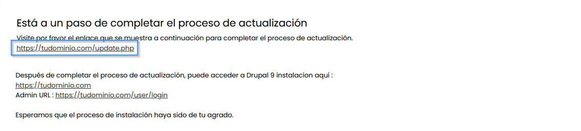 Enlace para comenzar la actualización de Drupal cn Softaculous