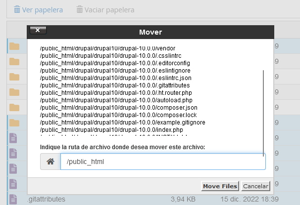 Indicar la ruta para mover los archivos de Drupal
