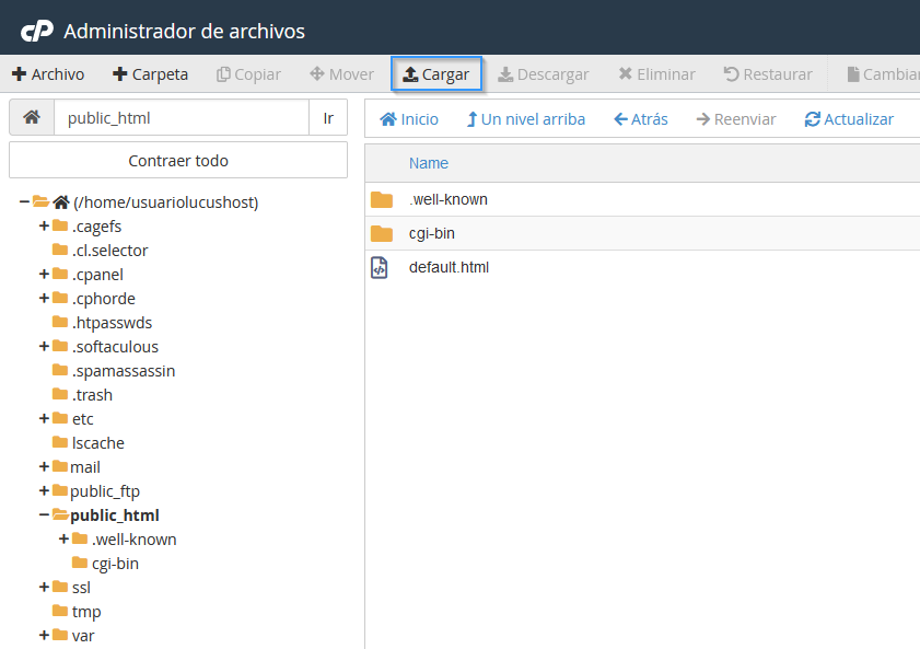 Opción Cargar de cPanel