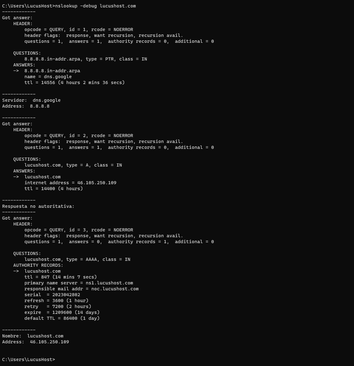 Comando de Nslookup para iniciar el modo depuración 