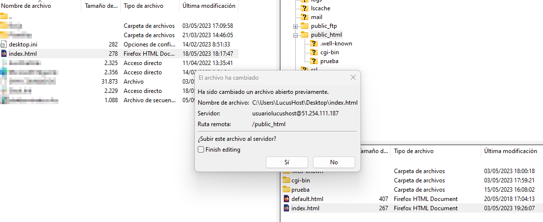 Subir cambios del archivo index.html por FTP