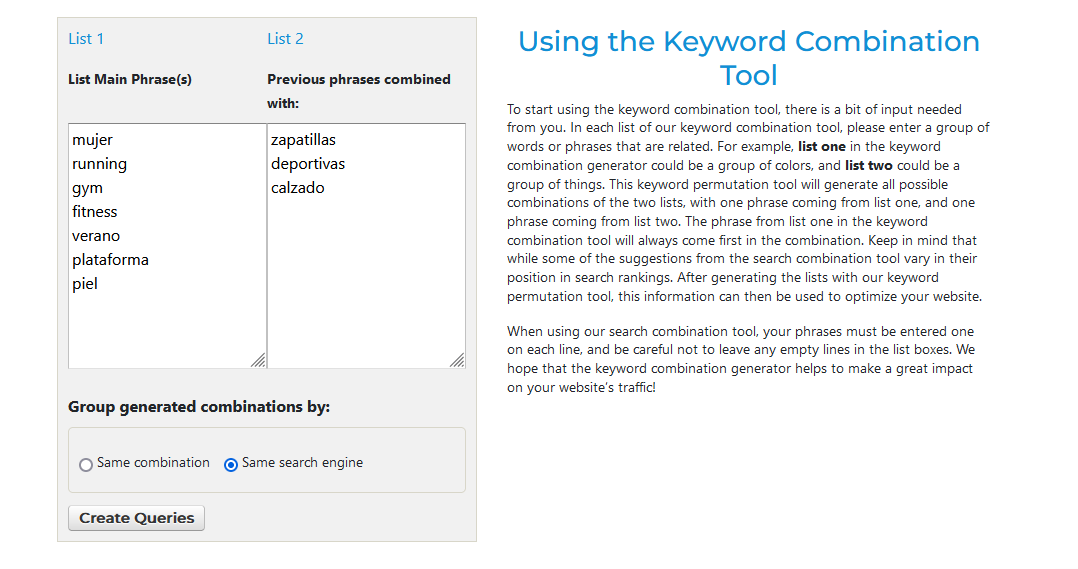 Buscar keywords con Search Combination Tool 