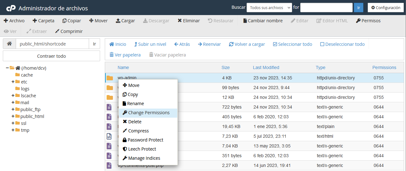 Cambiar los permisos de WordPress desde cPanel