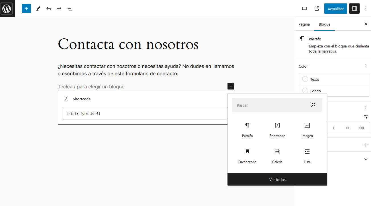 Insertar un shortcode en WordPress con Gutenberg