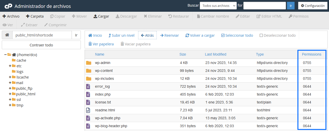 Ver los permisos de WordPress en cPanel