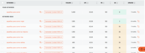 Estudio detallado de palabras clave con análisis de volumen y competencia para campañas SEO.