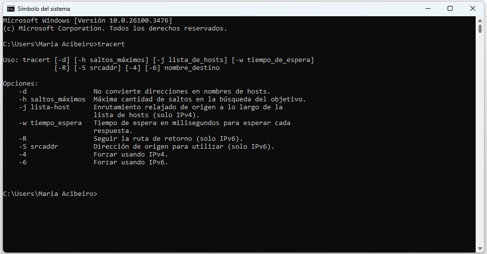 Opciones del comando tracert en Windows 