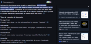 Captura de pantalla de un AI Overview de Google donde se explica la intención de búsqueda. El contenido de 'Lucía y el SEO' aparece citado como fuente en el bloque lateral junto a otras publicaciones sobre SEO