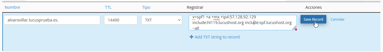 Guardar cambios en un registro SPF