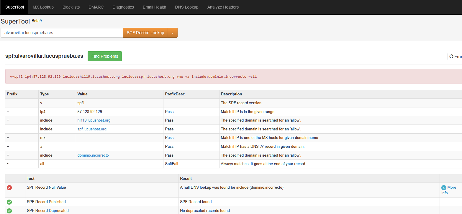 Registro SPF incorrecto con la herramienta MXToolbox