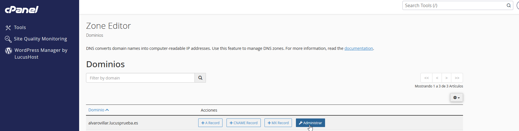Sección "Zone Editor" de cPanel 