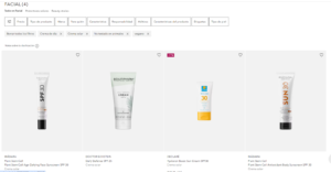 Captura de un ecommerce con filtros aplicados para cremas faciales: tipo de producto (crema solar, crema de día), responsabilidad (vegano, no testado en animales). Se muestran productos con distintos SPF y marcas. Ejemplo de arquitectura con facetas que puede generar múltiples URLs combinadas.