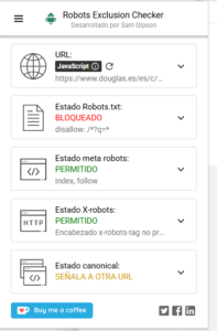 Captura de la herramienta Robots Exclusion Checker mostrando una URL de ecommerce bloqueada por robots.txt con disallow: /?q=, aunque los meta robots y encabezados X-robots permiten indexación. La etiqueta canonical apunta a otra URL, lo que indica que la página no debe ser rastreada ni indexada por Google.