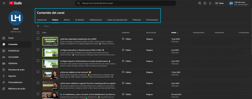 Contenido del canal de YouTube Studio
