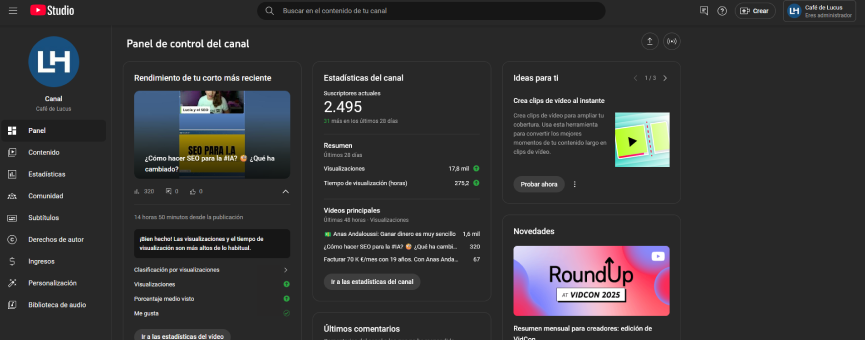 Panel de control de YouTube Studio