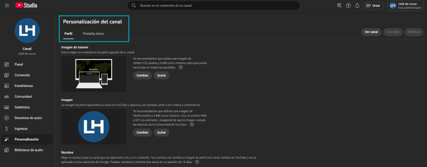 Personalización del canal de YouTube Studio