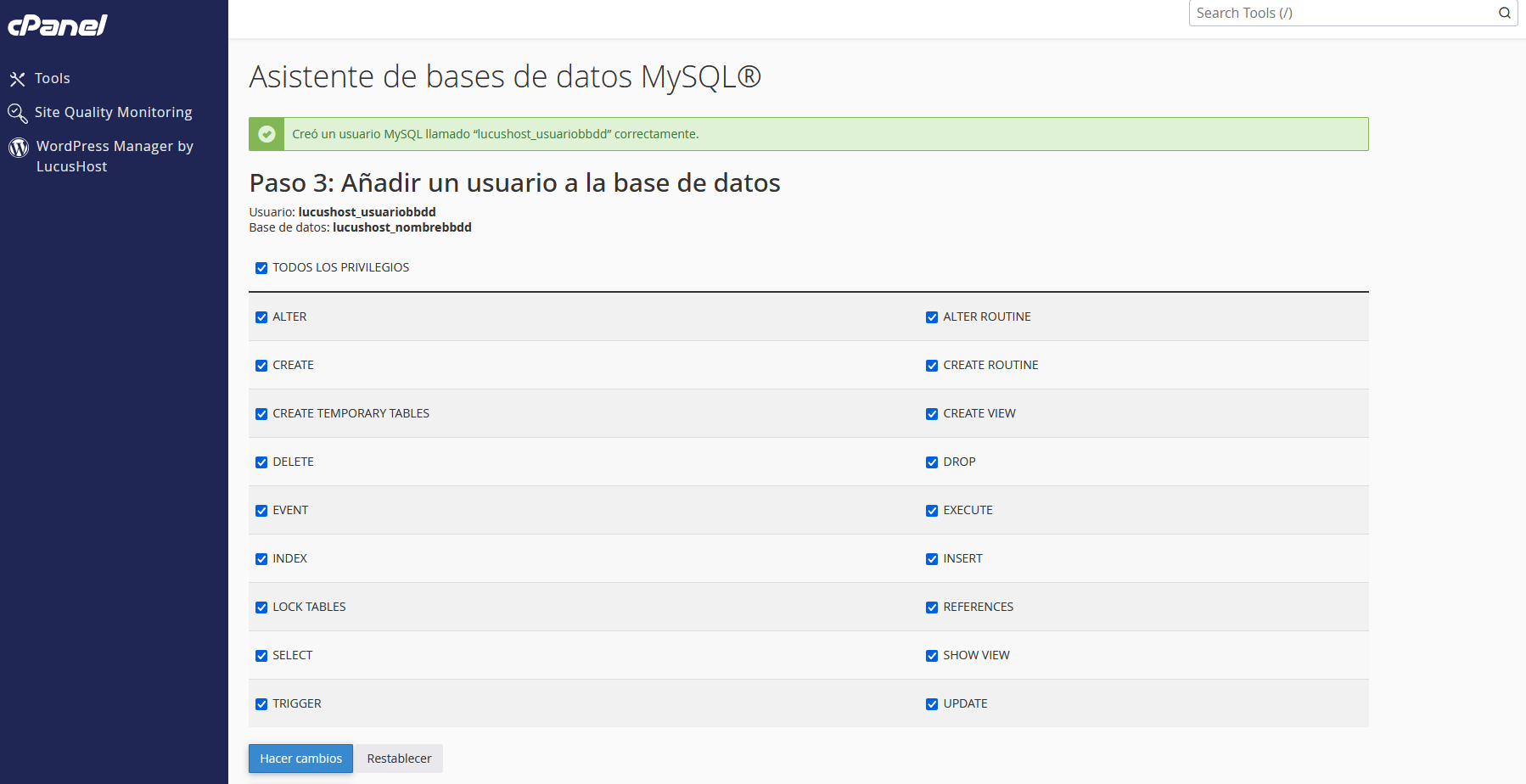 Crear un usuario a una base de datos en cPanel