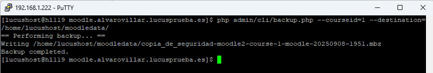 Comando de Moodle para hacer una copia de seguridad de un curso