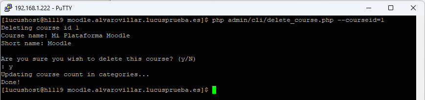 Comando de Moodle para eliminar un curso