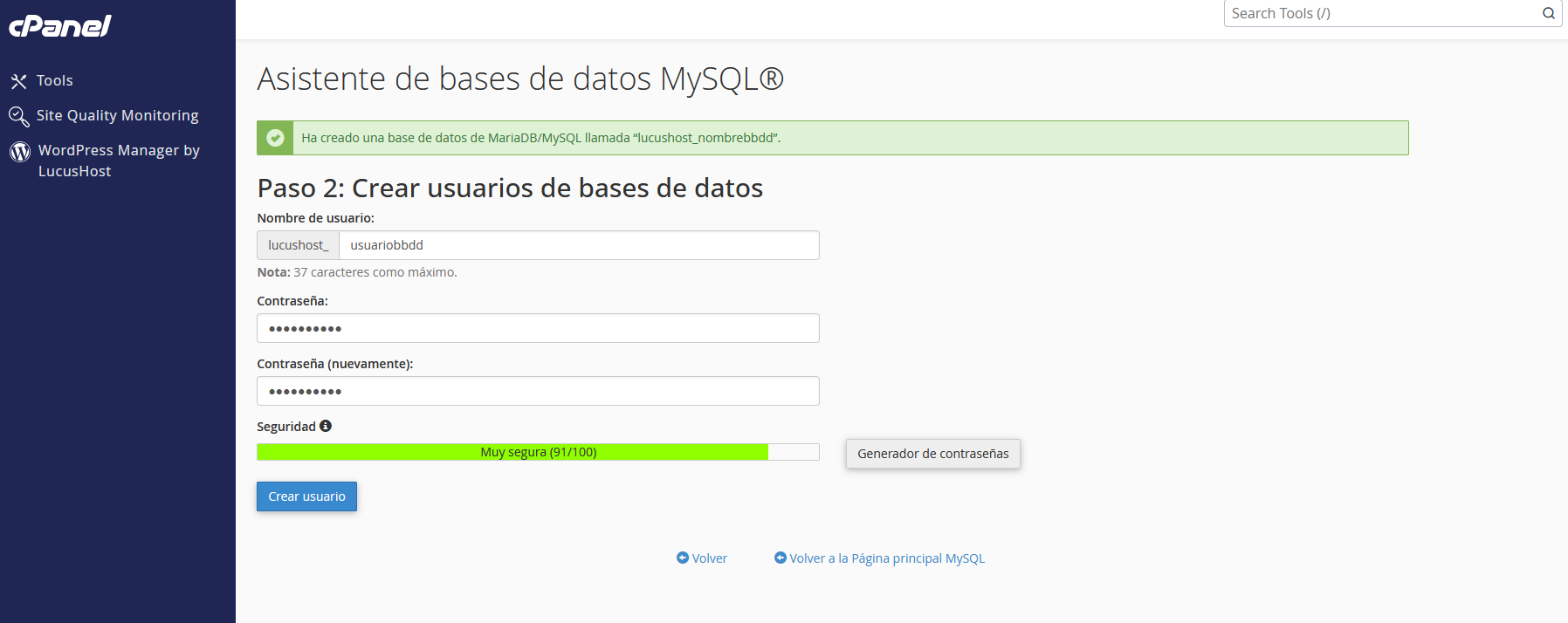 Crear un usuario para una base de datos en cPanel