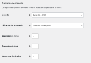 Opciones moneda WooCommerce Opciones moneda WooCommerce